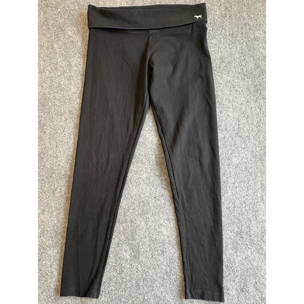 Victoria's Secret PINK Yoga Leggings Black Foldover Waist Dog Logo Medium